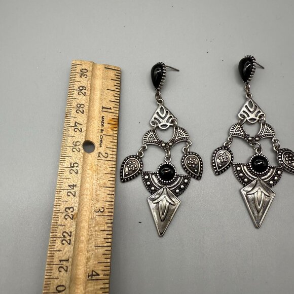 Faux Black Onyx Textured Dangle Drop Pierced Earrings Silver Tone Bohemian - Picture 5 of 5